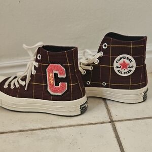 Converse Burgundy Plaid High-Tops with Patch